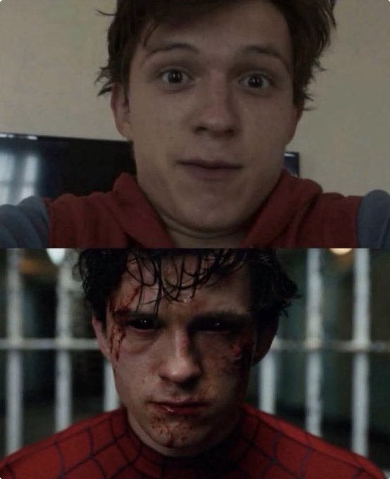 The caption for this image could be: "The stark contrast between a bewildered rookie encountering technology and a reflective, albeit bruised and battled, participant in the digital world." This relates to the accompanying post, which suggests a nostalgic comparison between the creator's first significant experience with a new, trendy concept (NFTs in 2021) and their experienced, albeit possibly weary or worn, mindset in the present. The juxtaposition of the two Spider-Man portrayals visually narrates a journey of transformation from inexperience to being marked by the trials and tribulations of time and engagement.