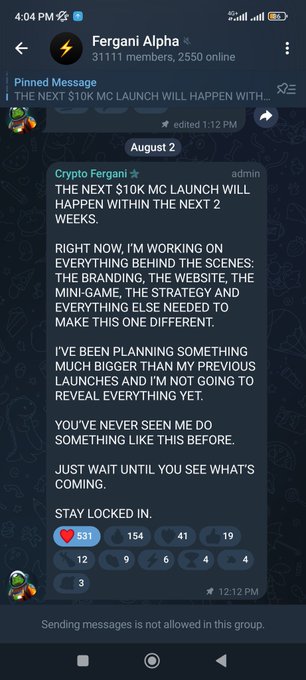 A screenshot of a Telegram channel named "Fergani Alpha" with 31,111 members, showing a pinned message from admin "Crypto Fergani" dated August 2 announcing that the next $10K MC launch will occur within 2 weeks, with 531 likes on the post.