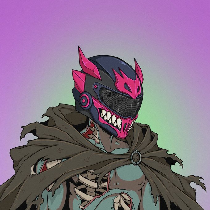 A stylized illustration features a menacing cyberpunk samurai wearing a pink and black horned helmet with a toothy visor, draped in a tattered dark cloak over a teal and skeletal chest, set against a soft purple-to-green gradient background, fitting the "Gm Gm" tweet from @Kageuri_com as a bold digital avatar.
