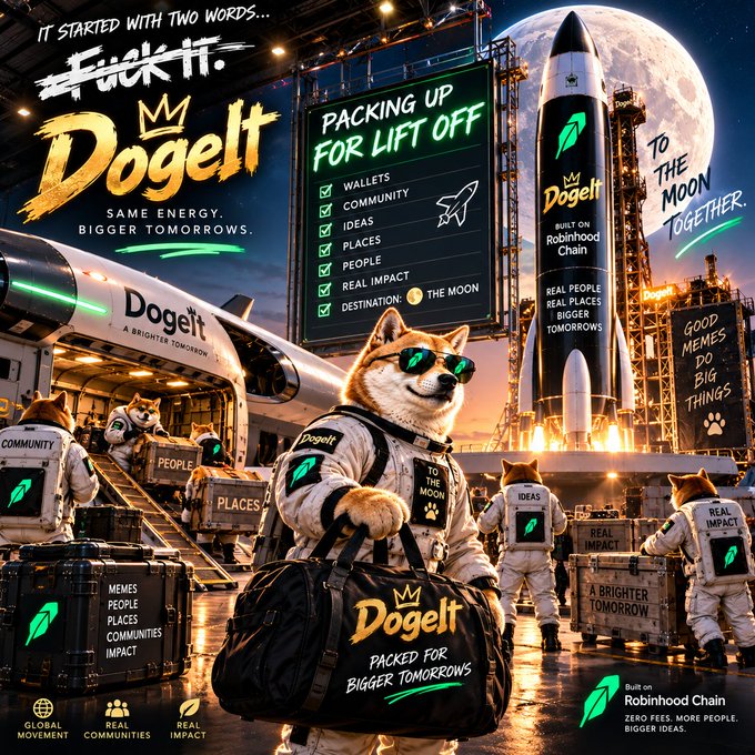 A promotional graphic for 'Dogelt' meme coin featuring Shiba Inu dogs in astronaut gear preparing for a rocket launch to the moon, with text 'Packing up for lift off' and 'Built on Robinhood Chain'.
