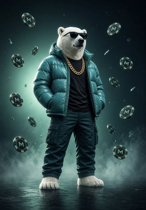 A polar bear mascot wearing sunglasses, a teal puffer jacket, and a gold chain stands confidently while surrounded by floating poker chips bearing the letter "M".