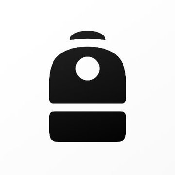 A black silhouette icon of a backpack or small bag with a circular center design on a white background.