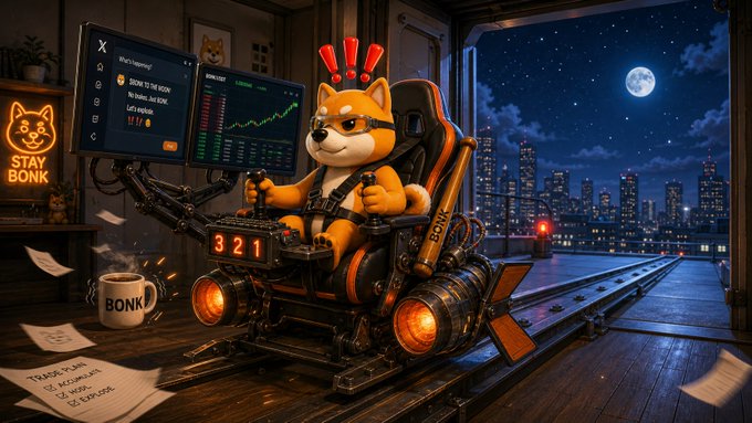 A digital illustration shows a Shiba Inu character wearing a helmet, strapped into a high-tech rocket-powered cockpit with screens displaying trading charts, alongside a 'STAY BONK' sign, a 'BONK' coffee mug, and scattered papers, set against a nighttime city skyline with a full moon.