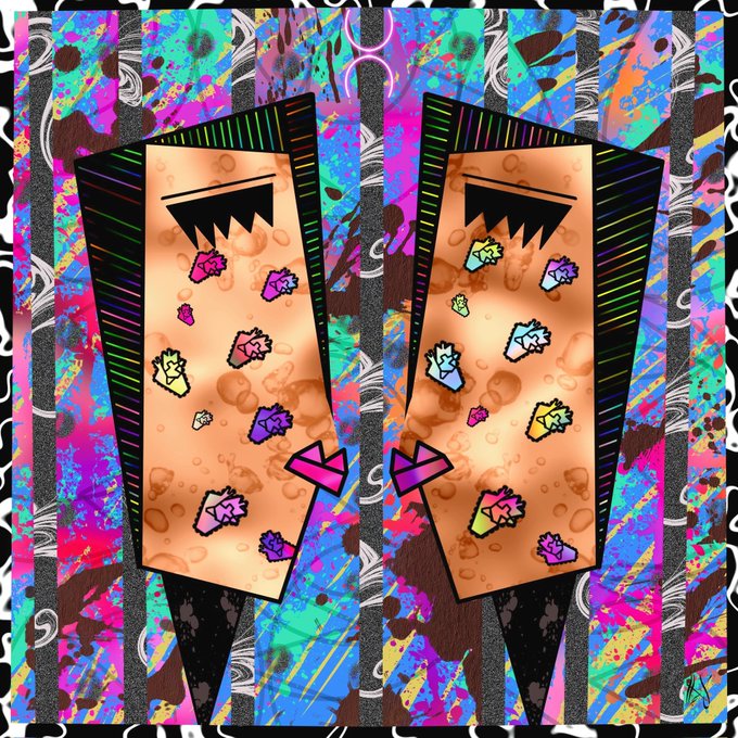 A colorful, abstract digital artwork featuring a mirrored, chaotic background with two symmetrical, coffin-like shapes containing faces with sharp jagged teeth and various small, colorful character designs scattered within.