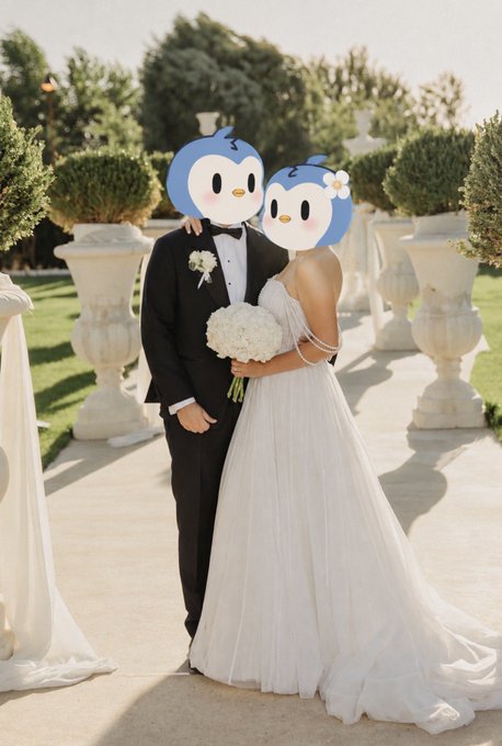 A wedding photo of a couple in formal attire, with both their faces obscured by cartoon blue penguin emojis, standing in an outdoor garden setting with stone planters.