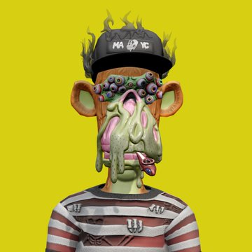 Digital artwork of a grotesque, surreal figure with a melting face covered in many eyes, green slime, and large ears, wearing a black cap with graffiti, flames, and the text "MARE", and a red-and-white striped shirt against a yellow background.