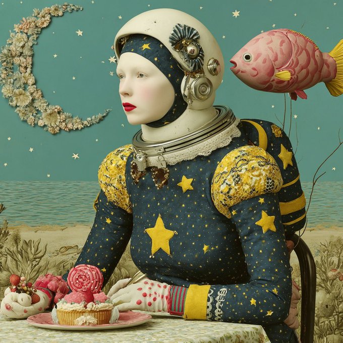 A surreal artwork featuring a figure in an ornate star-patterned outfit and helmet, sitting at a table with cupcakes while a pink fish-shaped balloon floats nearby.