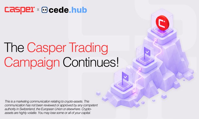 A promotional banner from Casper and cede.hub announces that "The Casper Trading Campaign Continues!" accompanied by a 3D illustration of a staircase with checkmark and Casper logo icons, alongside a disclaimer about crypto-asset risks. The post promotes an ongoing trading event with a link to app.cedehub.io/casper-okx-tte, indicating the campaign is nearing its end.