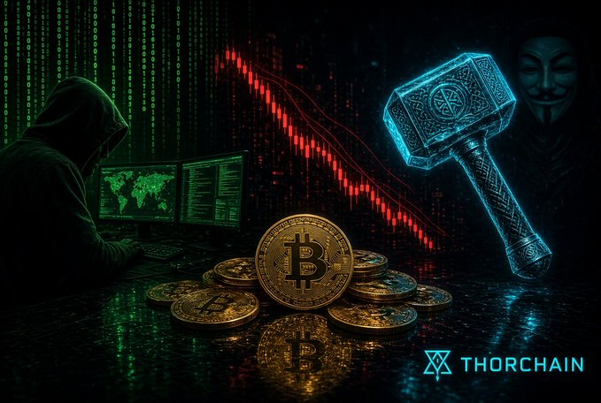 A dark graphic illustration showing a hooded hacker at dual monitors, a stack of Bitcoin coins, a large digital hammer, a descending red price chart, the Anonymous mask, and the 'THORCHAIN' logo at the bottom.