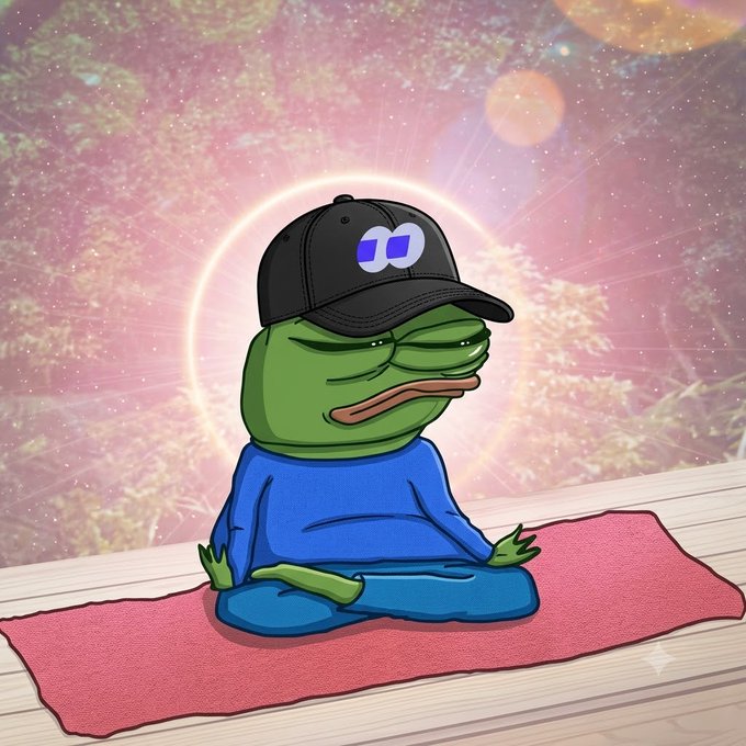 A digital illustration of Pepe the Frog meditating in a lotus position on a pink yoga mat, wearing a blue shirt and a black cap with a crypto-style logo, set against a cosmic background with a glowing halo.