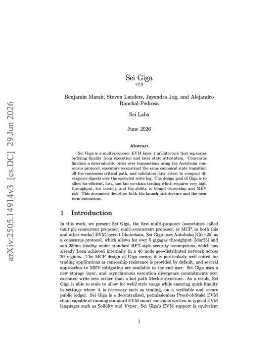 The image shows the title page of a research paper titled "Sei Giga" (v2.0), authored by Benjamin Marsh, Steven Landers, Jayendra Jog, and Alejandro Ranchal-Pedrosa from Sei Labs, dated June 2026. The abstract introduces Sei Giga as a multi-proposer EVM layer 1 architecture designed for high-throughput, low-latency MEV-resistant transactions. This relates to the "$SEI GIGA INCOMING" post by announcing the official technical documentation/release of the Sei Giga network upgrade for the SEI cryptocurrency.