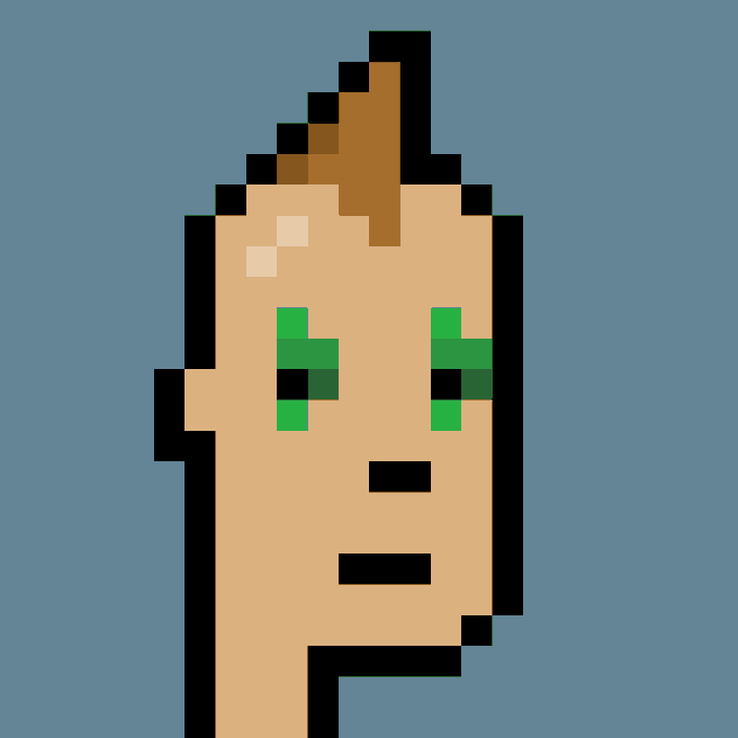 A pixel art portrait of a CryptoPunk character featuring a peach-skinned face with green eyes, a small nose, and a brown mohawk hairstyle against a solid blue background. The image represents CryptoPunk #7635, which was purchased for 34 ETH ($53,692 USD) by wallet 0x479a...e3fc from seller punk7635.eth.