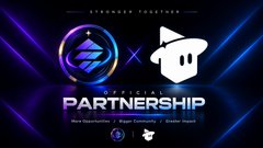 A promotional graphic reading "STRONGER TOGETHER" and "OFFICIAL PARTNERSHIP" featuring a blue emblem and a white character logo against a dark background.