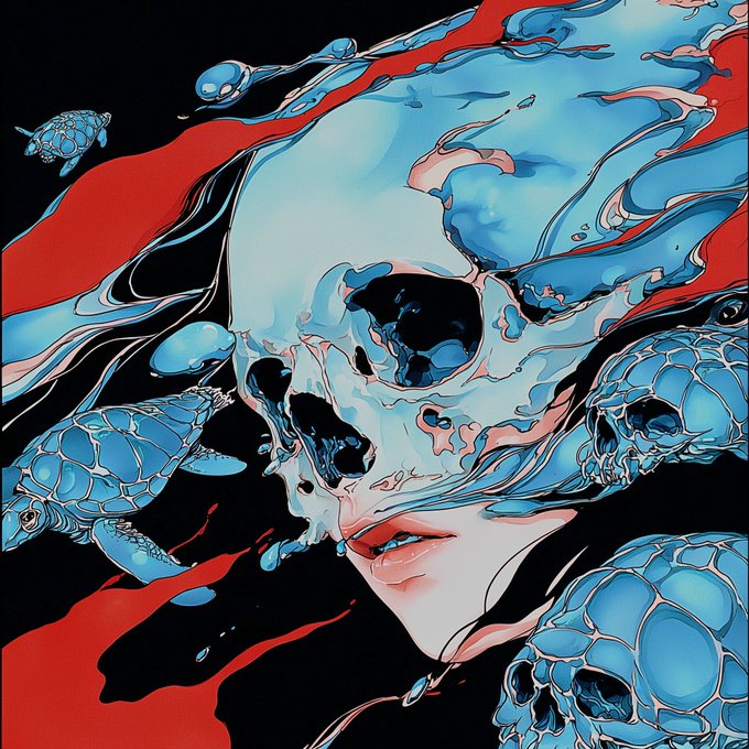 A stylized illustration combining a human face with a melting blue skull, set against a red and black background and surrounded by blue sea turtles.
