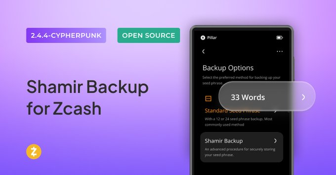 The image shows a cell phone screen displaying a webpage about Shamir Backup for Zcash, with a button that says "Backup options" at the bottom right corner. The text on the page indicates that the backup option is currently live and available for use.