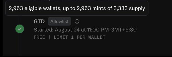 The image displays an OpenSea minting notification showing "2,963 eligible wallets, up to 2,963 mints of 3,333 supply" for a GTD (Guaranteed) SherwoodNFTs drop with an allowlist badge, started August 24 at 11:00 PM GMT+5:30 with a limit of 1 per wallet. This confirms the poster's point that OpenSea now visibly verifies the SherwoodNFTs mint is truly "GTD" (Guaranteed to be distributed), with the eligible wallet count matching the mint supply closely.