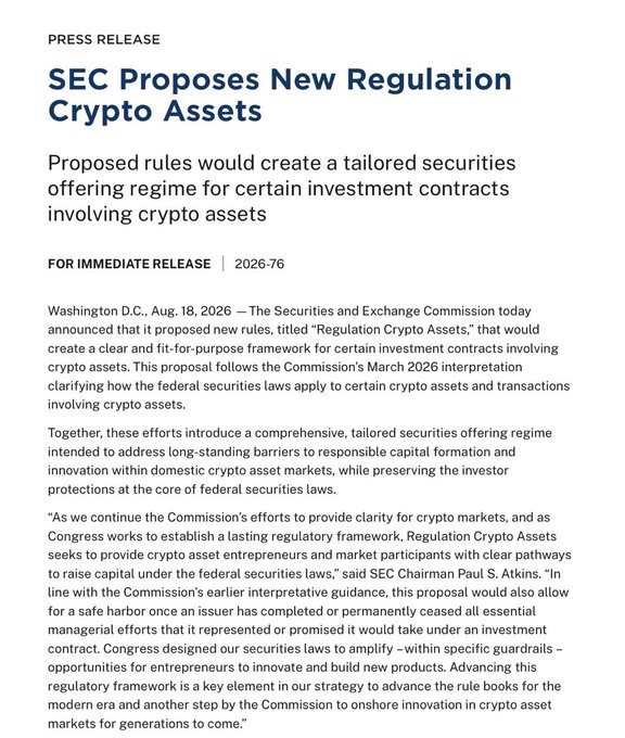 The image shows an SEC press release titled "SEC Proposes New Regulation Crypto Assets," dated August 18, 2026, announcing a tailored securities offering framework for crypto asset investment contracts, with SEC Chairman Paul S. Atkins quoted praising the proposal. This aligns with the accompanying post about the new "Regulation Crypto Assets" framework introducing registration exemptions for token offerings, though the specific dollar thresholds ($5M and $75M) mentioned in the caption are not visible in the shown portion of the press release.