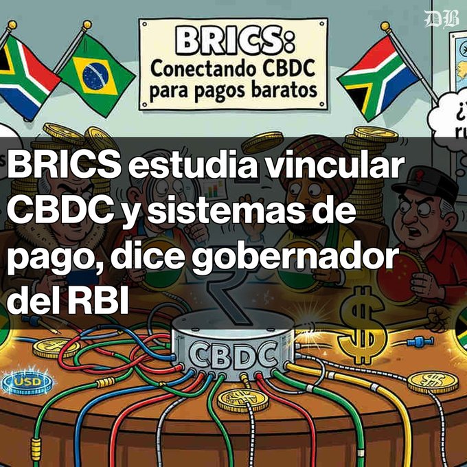 A cartoon illustration depicting BRICS nations connecting CBDC payment systems, featuring flags of South Africa, Brazil, and others, with a central CBDC hub and overlaid Spanish text about BRICS studying CBDC linkage.