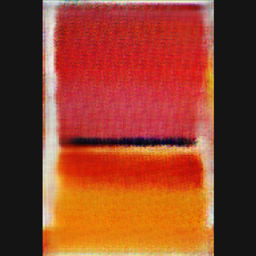 An abstract painting featuring a blurred composition of red, orange, and dark tones separated by a horizontal black line, evoking a Rothko-style color field.