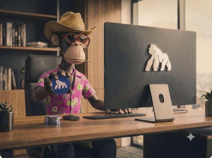 A 3D-rendered monkey wearing a cowboy hat, red heart-shaped sunglasses, and a pink Hawaiian shirt sits at a desk holding a small blue disc, working at a computer with a gorilla logo on the monitor.