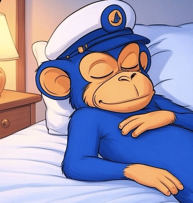 A cartoon blue monkey wearing a white and blue captain's hat sleeps peacefully in a cozy bed with a warm bedside lamp nearby, perfectly capturing the relaxed Sunday morning vibe of the "Good Morning Web3" post about sleeping in.