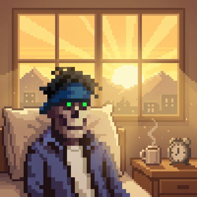 A pixel art image of a person with blue hair and glowing green eyes sitting indoors, with a steaming mug and alarm clock on a table beside them.