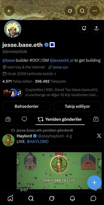 A mobile screenshot of an X/Twitter profile for 'jesse.base.eth' (@jessepollak) highlighting his bio '@base builder #001,' with 4,571 followers and a reposted live stream from 'Haylord.'