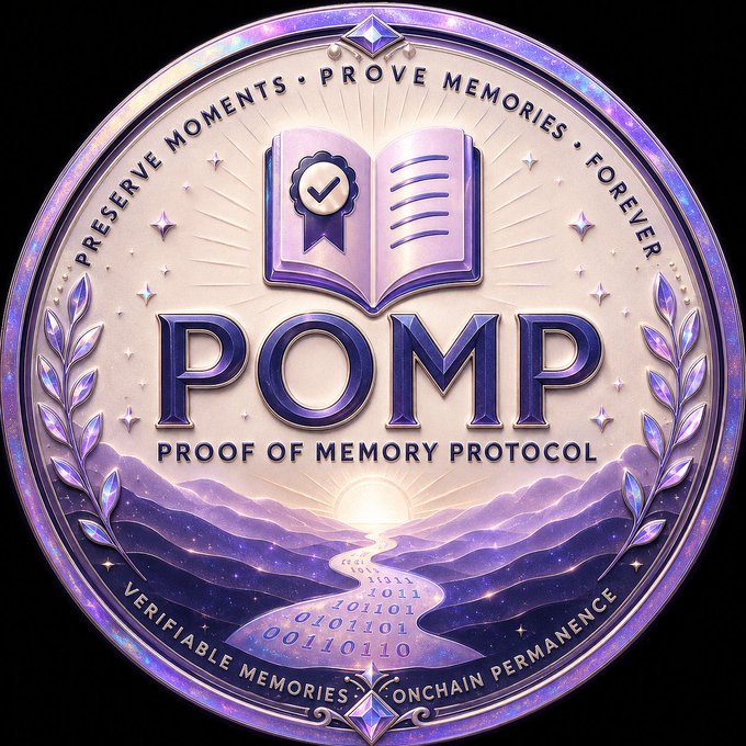 A purple and silver commemorative coin or badge labeled 'POMP - PROOF OF MEMORY PROTOCOL' with an open book icon and 'PRESERVAR MOMENTS', 'PROVE MEMORIES', 'FOREVER', 'VERIFIABLE MEMORIES', and 'ONCHAIN PERMANENCE'.