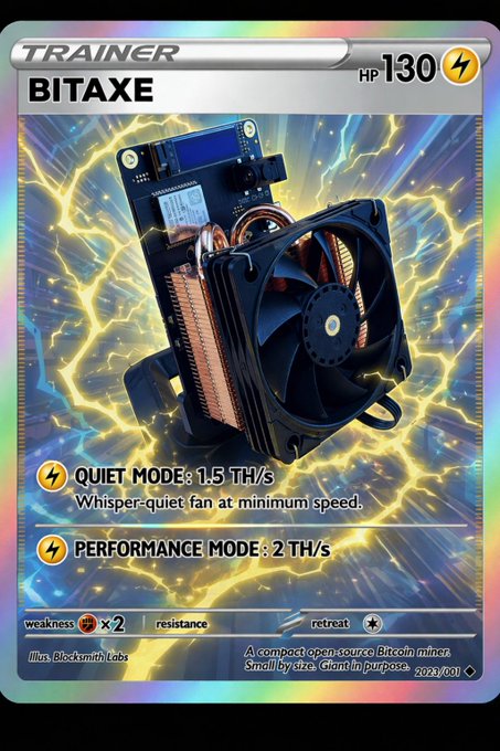 A Pokémon-style trading card designed to look like a Bitcoin miner, titled 'BITAXE' and 'TRAINER,' featuring an open-source compact miner with specs including '1.5 TH/s' Quiet Mode and '2 TH/s' Performance Mode, illustrated by 'Blocksmith Labs.'