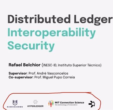 The image features a white background with black text that reads "Distributed Ledger Interoperability Security" at the top, followed by a list of logos for various companies including Hyperledger, Quant, and King Channing. The text also includes the names Rafael Belchior and former Quant engineer Rafael Beltrán.