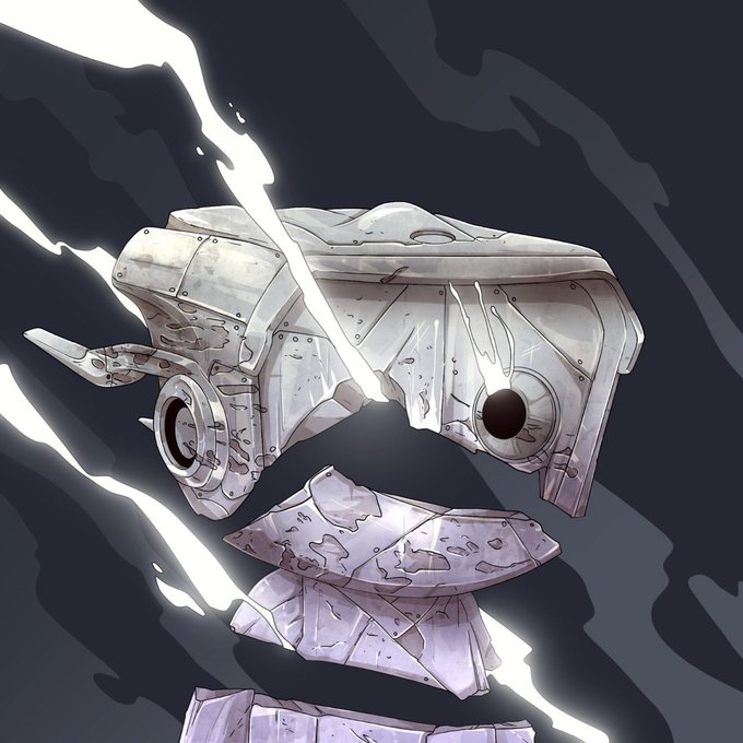 A sci-fi mechanical head or robot with cracked, weathered metal plating, set against a dark background with bright white lightning bolts.