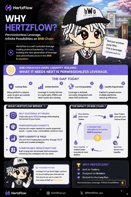 A promotional infographic for HertzFlow, a self-custodial leverage trading protocol on BNB Chain, featuring a chibi mascot and sections titled "Why HertzFlow?," "The Gap Today," and "What HertzFlow Brings," highlighting features like 1000x leverage, permissionless markets, and composable infrastructure to address issues like custody risks and RWAs.
