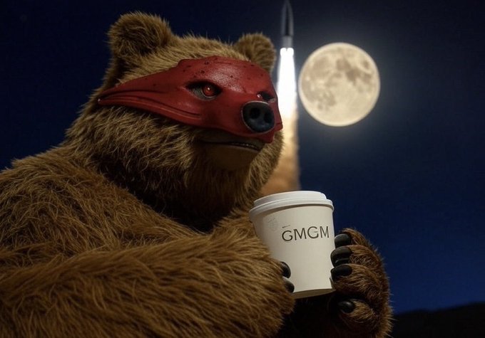 A furry bear character wearing a red eye mask holds a coffee cup labeled 'GMGM' against a night backdrop featuring a full moon and a rocket launch.