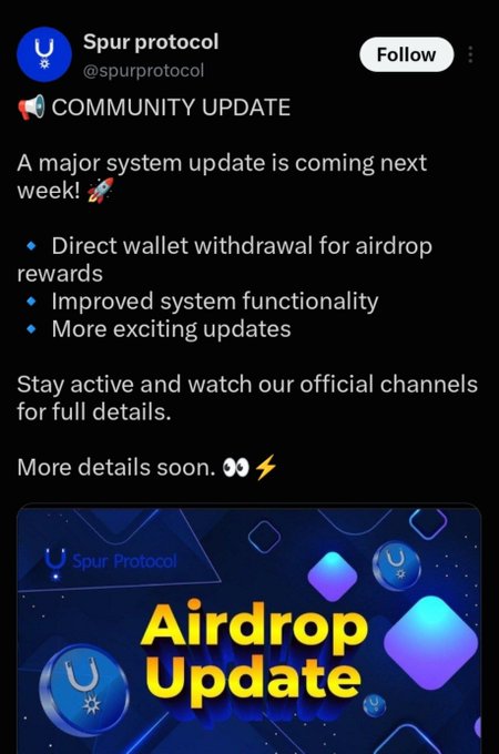 A screenshot of an X post from Spur protocol (@spurprotocol) announcing a 'COMMUNITY UPDATE' about an upcoming airdrop and system update, featuring a graphic that says 'Airdrop Update'.