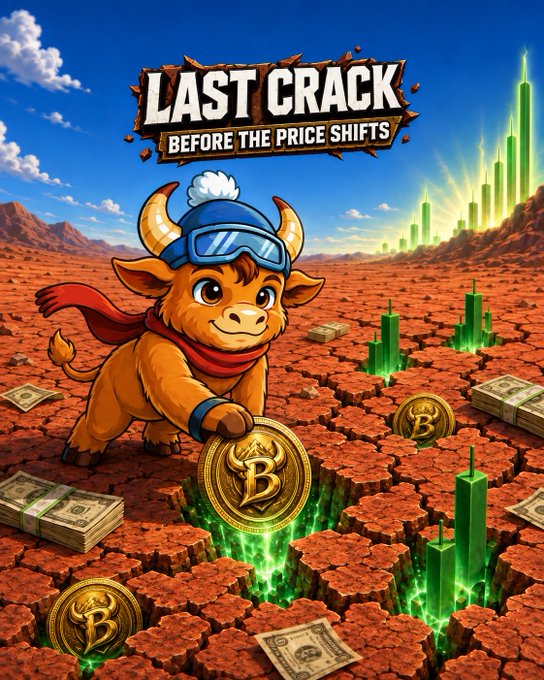 A colorful promotional graphic titled 'LAST CRACK BEFORE THE PRICE SHIFTS' featuring a cartoon bull character in a cap and cape standing on cracked earth, surrounded by gold Bitcoin coins, stacks of cash, and green candlestick charts.