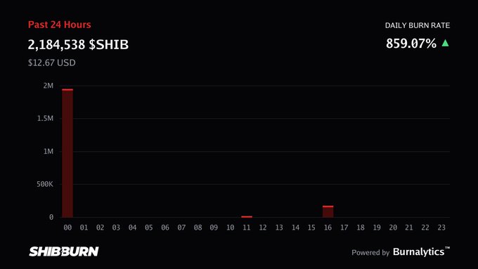 The SHIBBurn chart by Burnalytics displays that 2,184,538 $SHIB (worth $12.67 USD) was burned in the past 24 hours, with a striking daily burn rate spike of 859.07%, visually emphasizing the large burn event occurring around the 00:00 mark alongside a smaller secondary burn near 16:00.