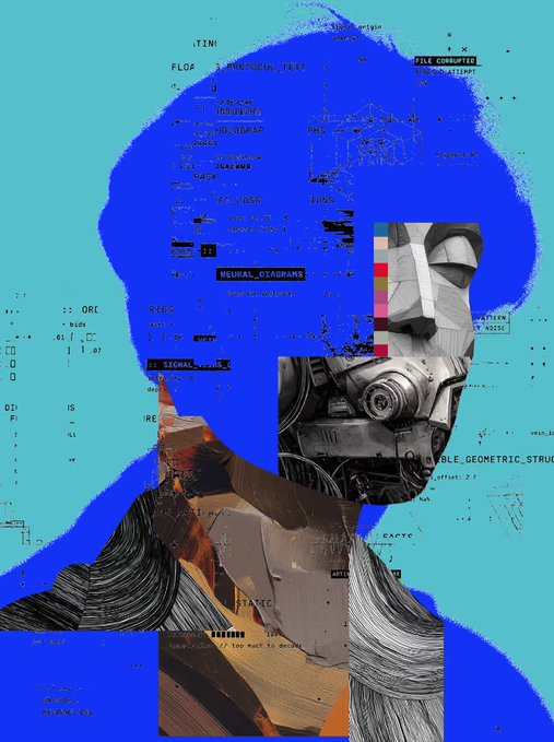 A striking digital collage featuring a fragmented robotic figure and a blue silhouetted form overlaid with technical terms like "NEURAL_DIAGRAMS," "PROTOCOL," and "REPLICA" against a cyan background. The piece aligns with the collector's pride, showcasing the experimental, code-infused aesthetic characteristic of R3ORDR's boundary-pushing art style.