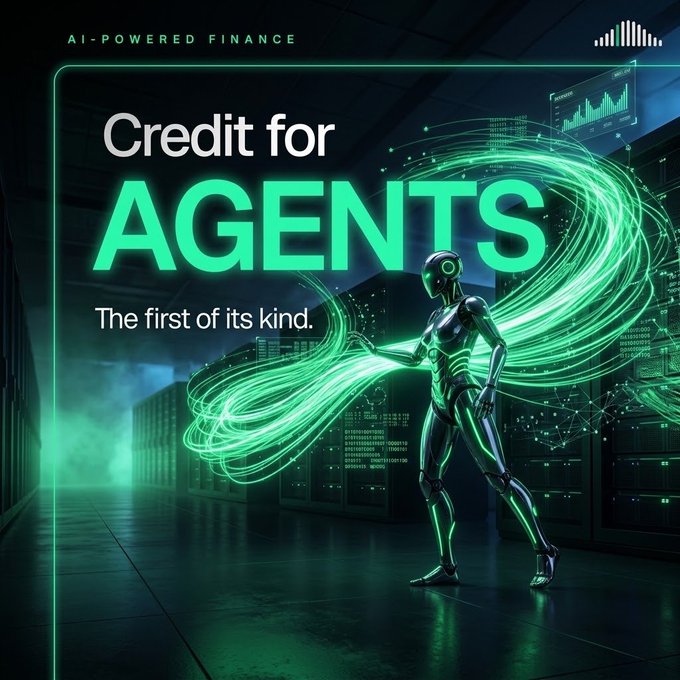 A futuristic advertisement for 'AI-POWERED FINANCE' titled 'Credit for AGENTS - The first of its kind,' featuring a glowing green humanoid robot in a data center.