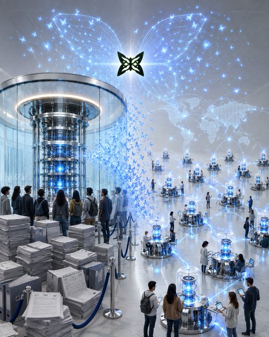 A futuristic scene depicting a large quantum computing or data center with a massive glowing blue cylindrical processor, people in lab coats working at stations, and a luminous butterfly-shaped data visualization in the background.
