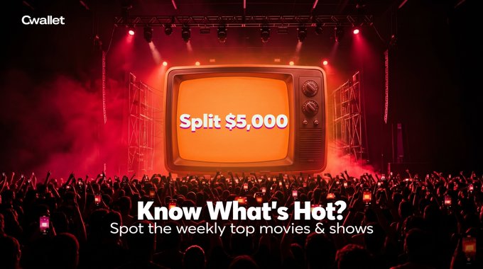 A promotional image for Cwallet featuring a retro TV displaying 'Split $5,000' at a concert with red stage lights, with text reading 'Know What's Hot? Spot the weekly top movies & shows.'