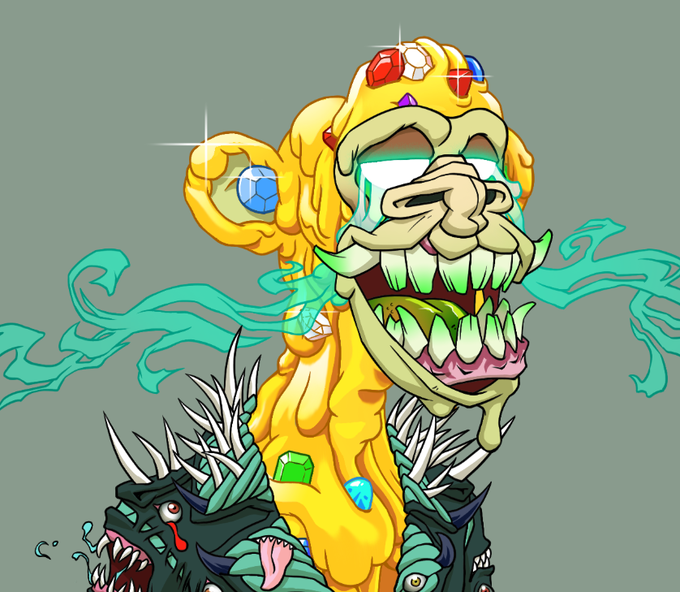 The image features a cartoon character with a face painted like a human being wearing a yellow outfit that includes a crown of jewels. The character has a large, open mouth filled with teeth, giving it an intimidating appearance. The background of the image is a light blue color and has a greenish tint to it, which adds to the overall artistic style of the cartoon. There are also some spikes visible in the image, adding to its unique and eye-catching design.