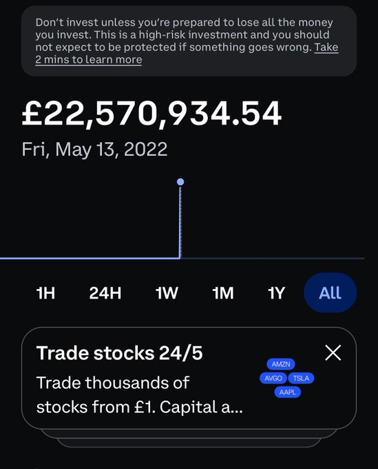 A mobile trading app screen displaying a balance of £22,570,934.54 dated Fri, May 13, 2022, with a high-risk investment warning and a promotional banner for trading stocks 24/5 including tickers AMZN, AVGO, TSLA, and AAPL.