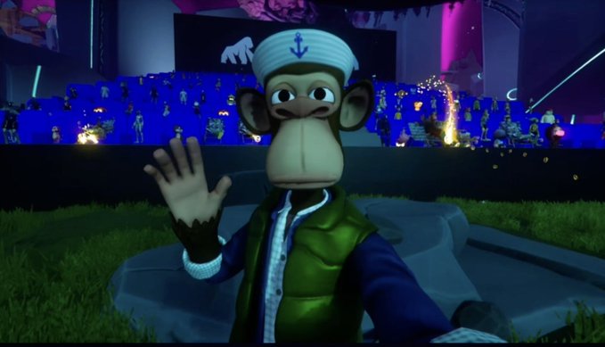 A 3D animated monkey character wearing a white sailor hat with an anchor logo waves from a stage with blue seating and neon lighting in the background.
