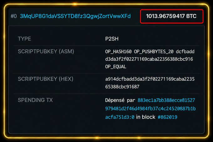 A dark-themed cryptocurrency transaction details screen showing a Bitcoin address, a balance of '1013.96759417 BTC' in a red box, P2SH type, scriptpubkey data, and a spending transaction link.