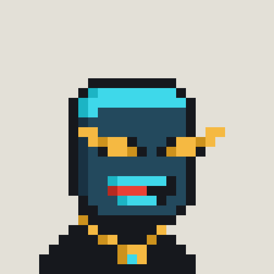 A pixelated character with a blue face, wearing a gold chain and a striped blue and red outfit, appears against a white background.