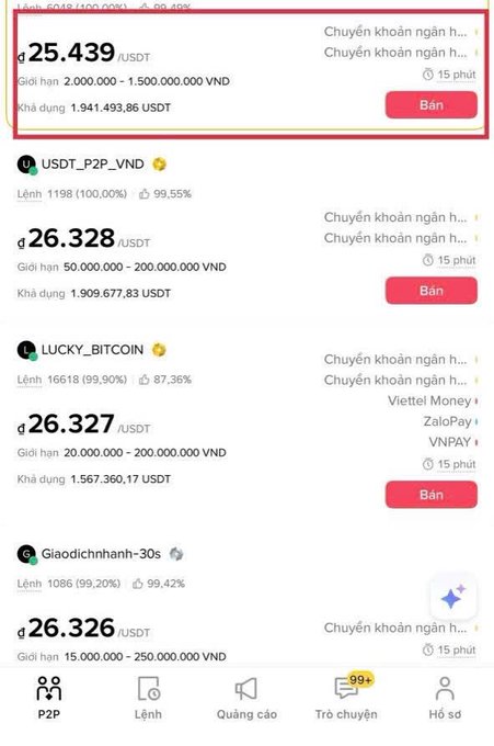 A red-highlighted screenshot of a P2P trading interface shows a USDT sell offer at 25.439 VND/USDT with a 2,000,000-1,500,000,000 VND limit, noticeably lower than surrounding offers at 26.326-26.328, illustrating the warning about scam merchant accounts advertising below-market exchange rates.

Caption: A flagged P2P USDT sell listing at a suspiciously low rate of 25.439 VND/USD, contrasted with nearby legitimate offers around 26.328 VND/USDT.