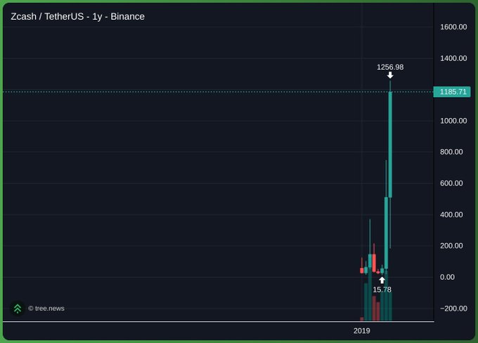 A trading chart for Zcash/TetherUS on Binance shows a dramatic price spike to 1256.98 around 2019, sourced from tree.news.