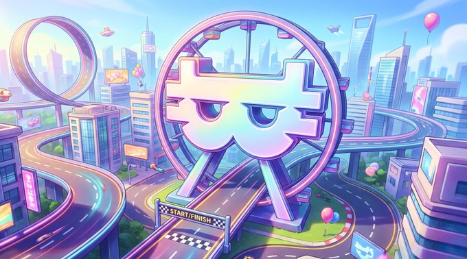A holographic, grumpy-looking mask monument with a bored expression dominates a vibrant pastel cityscape featuring winding roads, balloons, and a "START/FINISH" banner at its base, evoking the playful aesthetic of a racing game. The whimsical, arcade-style scene reflects the playful, action-oriented nature of Pharaoh Rush game design, tying into the NAKA development update on art and wireframe progress.