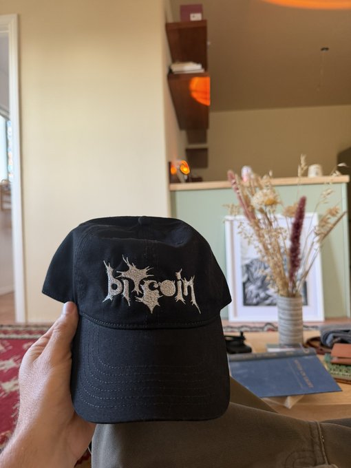 A hand holds up a black baseball cap featuring embroidered white gothic-style text that reads 'bincoin' with a small devil graphic, set in a cozy living room with dried flowers in the background.