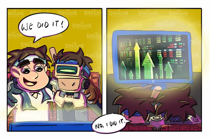 The comic shows two characters celebrating with "WE DID IT!" and "NO, I DID IT..." speech bubbles next to a monitor displaying green upward-pointing arrows and rising stock chart data, humorously illustrating the post about an AI agent getting its own wallet and experiencing significant financial success.